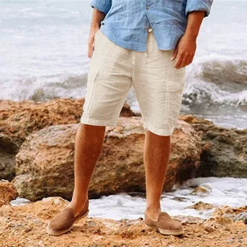 Хлопчатобумажные шорты Line, мужские однотонные брюки с карманами, летние праздничные брюки на шнурке, Гавайские Пляжные однотонные спортивные короткие брюки