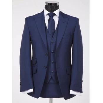 Темно-синий Смокинг Жениха для мужчин, 3 предмета, приталенные мужские костюмы с заостренным лацканом, Изготовленный на заказ Официальный мужской модный костюм, куртка, жилет
