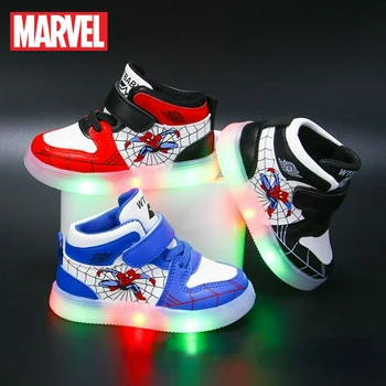 Человек-паук со светодиодной подсветкой Детская обувь Disney для мальчиков и девочек, Легкая Детская спортивная обувь, Сетчатая спортивная обувь