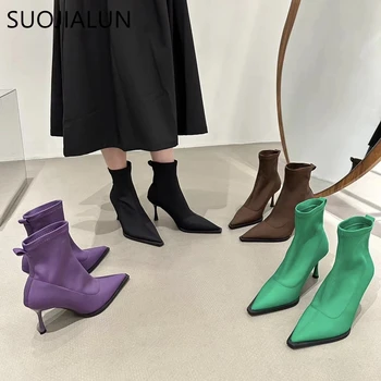 SUOJIALUN/ Зимние женские Ботильоны Из Модной эластичной ткани, женские ботинки 