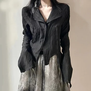 Женские черные Рубашки Готический Корейский Темно-Академический Женский Дизайн, нерегулярные топы, Весенняя Модная уличная одежда, блузка Y2K
