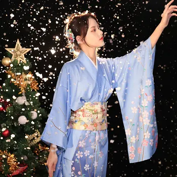 Весенний Халат Харадзюку, Женское Японское Традиционное Кимоно, Винтажное Синее Кимоно Гейши с цветочным принтом, Косплей, Сценический костюм