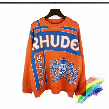 Оранжевый Жаккардовый свитер с логотипом Rhude, мужские и женские повседневные свитшоты Наилучшего качества