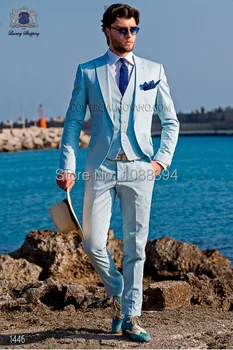Сшитые на заказ весенние стильные мужские костюмы из 3 предметов, светло-голубой деловой костюм, свадебные костюмы для мужчин, смокинги для жениха, лучший мужской костюм жениха