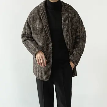 Шерстяной пиджак в клетку в стиле ретро, мужская корейская версия модного свободного повседневного маленького костюма из твида