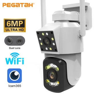 PEGATAH 6-мегапиксельная IP-камера Wifi с Двумя Объективами и Двойным Экраном PTZ Cam Наружная Водонепроницаемая Полноцветная Инфракрасная Камера Наблюдения Ночного Видения