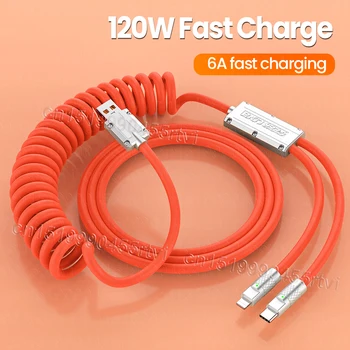 6A 120 Вт 2в1 1,5 М Пружинный USB-кабель Для iPhone Type-C Быстрое Зарядное Устройство Выдвижной USB-кабель для передачи данных 3в1 Для Huawei Xiaomi Samsung