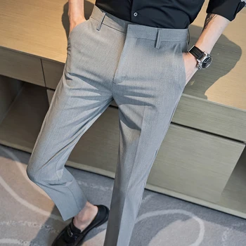 2023 Мужские Модельные Брюки, Высококачественные Мужские брюки для делового отдыха, Мужские однотонные повседневные брюки с высокой талией в английском стиле, облегающие брюки 36