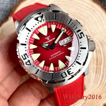 Мужские Автоматические часы Tandorio 42 мм с красным циферблатом и Сапфировым стеклом, Японский механизм NH36, Индикация даты, Керамическая Водонепроницаемость 200 м