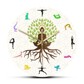 Декоративные настенные часы в виде дерева в позе лотоса, Природная энергия для медитации, Настенное искусство, Студия йоги, Дерево жизни, Настенные часы с красочным принтом