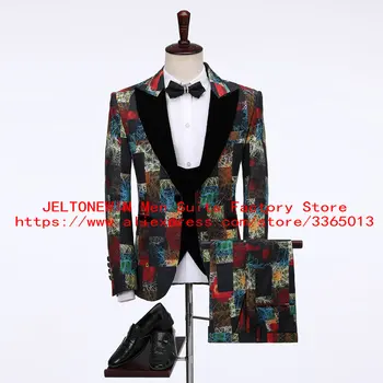 JELTONEWIN, Комплект из 3 предметов, мужской костюм, платье-смокинг с цветочным рисунком, Пиджак, Брюки, Жилет, Высококачественная одежда для выпускного вечера, мужские костюмы с принтом для Свадьбы
