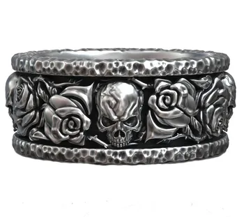 Кольцо с коваными розами в стиле хип-хоп с рисунком черепа, кованое кольцо из чистого стерлингового серебра 925 пробы