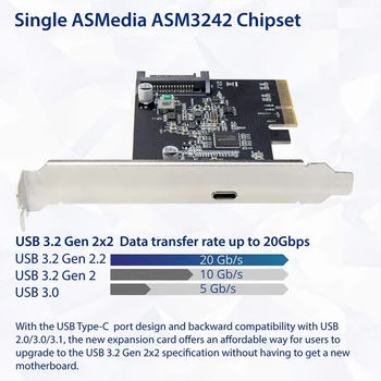 IOCREST USB 3,2 Карта расширения PCI Express PCI-E 4X для USB3.2 Gen2 X2 Type-C 20 Гбит/с на базе SATA Asmedia ASM3242