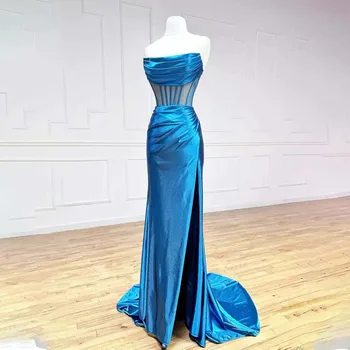 Льдисто-голубая складка, платье-футляр без бретелек/Русалка, платья для выпускного вечера с разрезом сбоку, Сшитое на заказ 2024 Vestido De Noival