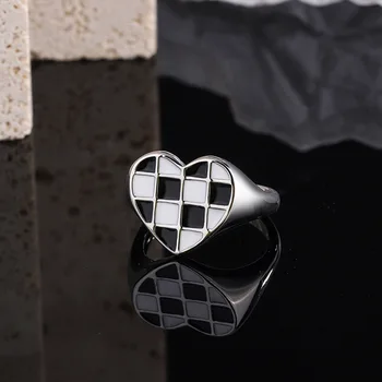 Модное кольцо в виде сердца из стерлингового серебра 925 пробы, черно-белые решетчатые кольца для женщин, свадебная вечеринка, роскошные качественные ювелирные изделия, тренд 2022