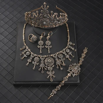 Арабский бронзовый свадебный подарочный ювелирный набор, новые турецкие свадебные украшения, женские серьги, ожерелье, браслет, кольцо, корона