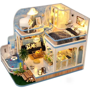 DIY деревянный кукольный дом миниатюрные строительные наборы Легкий синий отпечаток мебели Casa кукольный домик игрушки для детей подарок на день рождения для девочек