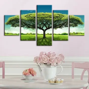 Пейзаж с большим зеленым Деревом, 5 панелей, печать на Холсте, Настенное искусство, Холст, картина, Настенный декор для гостиной, Плакат без рамки