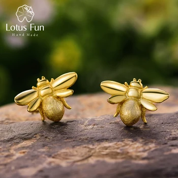 Lotus Fun, серьги с пчелами из настоящего стерлингового серебра 925 пробы, Натуральные Дизайнерские ювелирные украшения, Милые Серьги-гвоздики с пчелами из золота 18 Карат для женщин