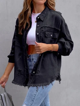 Женская потертая джинсовая куртка Оверсайз, с рваными деталями, в стиле бойфренда - Стильное джинсовое пальто с длинным рукавом для повседневной носки