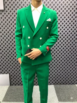Классические Зеленые Двубортные мужские костюмы с острым отворотом, костюм Homme с рисунком для Выпускного Вечера, модный Блейзер для сцены, приталенный модный Блейзер из 2 предметов