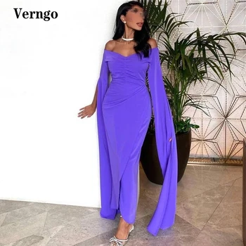 Фиолетовые вечерние платья из эластичного атласа Verngo с открытыми плечами, длинными рукавами-накидками и разрезом, Саудовское Арабское женское вечернее платье для выпускного вечера