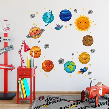 Мультяшные Космические планеты, Наклейки на стену с астронавтом для детской комнаты, гостиной, Украшения Детской комнаты, Наклейка на стену, наклейка из ПВХ Солнечной системы