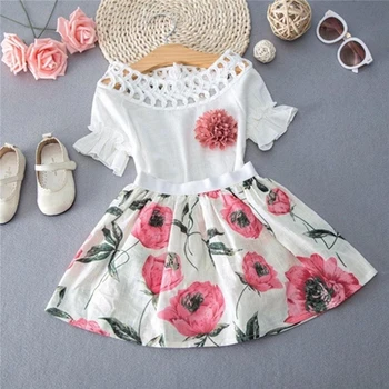 2 шт., футболка для маленьких девочек, топы + юбка с цветочным рисунком, платье, летние наряды, комплект одежды