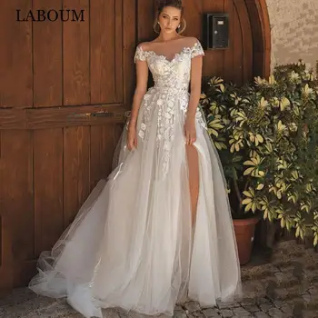 LaBoum Boho Свадебные платья с открытыми плечами для женщин, кружевные аппликации невесты, свадебное платье, иллюзия, пуговица сзади, винтажный халат Mariée