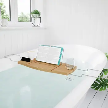 Регулируемая и выдвижная подставка для ванны из натурального бамбука для расслабляющего спа-процесса